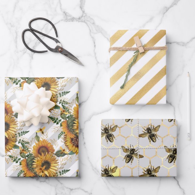 Sonnenblumen und Bienen-Serie Design Drei Geschenkpapier Set (Vorderseite)