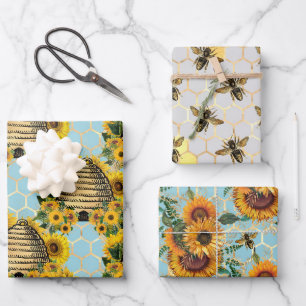Sonnenblumen- und Bienen-Serien-Design Vier Geschenkpapier Set