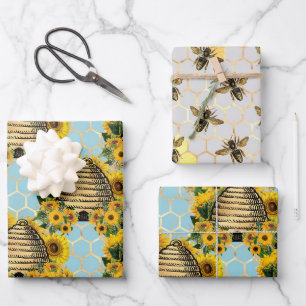 Sonnenblumen und Bienenreihen - Design fünf Geschenkpapier Set
