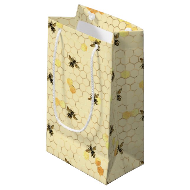 Sonnenblumen und Bienenreihen Design Vier kleine G Geschenktüte (Vorderseite Schrägansicht)