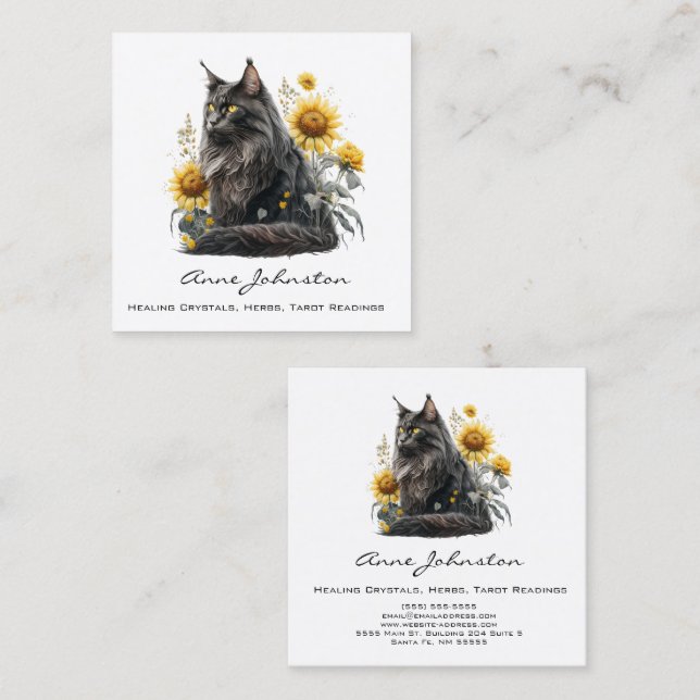 Sonnenblumen und Black Cat Square Business Card Quadratische Visitenkarte (Vorne/Hinten)