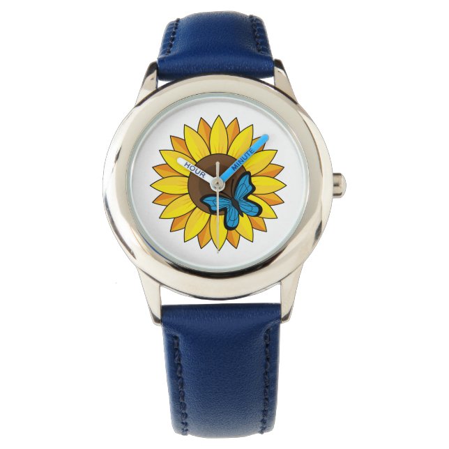 Sonnenblumen und Blauer Schmetterling Armbanduhr (Vorderseite)