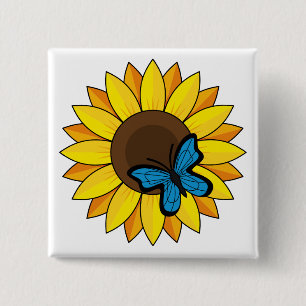Sonnenblumen und Blauer Schmetterling Button