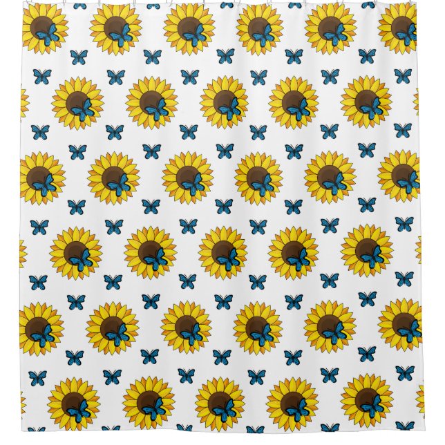 Sonnenblumen und Blauer Schmetterling Duschvorhang (Vorderseite)
