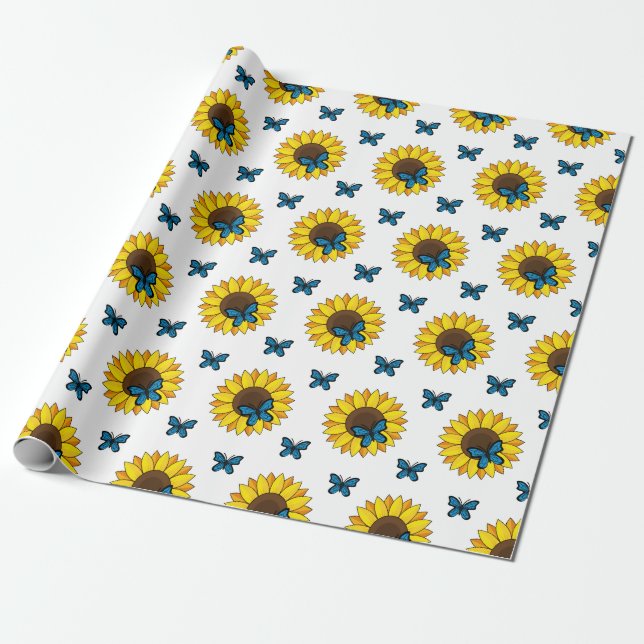 Sonnenblumen und Blauer Schmetterling Geschenkpapier (Ungerollt)