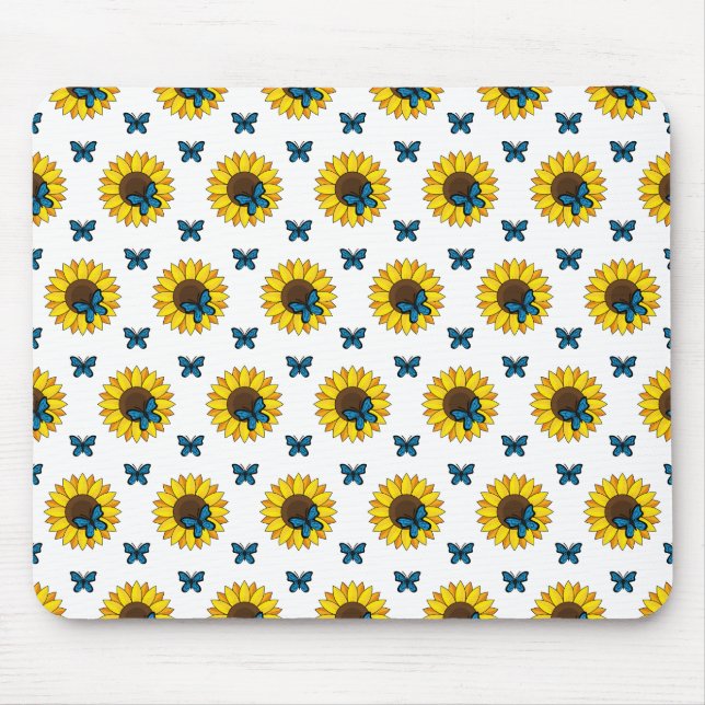 Sonnenblumen und Blauer Schmetterling Mousepad (Vorne)