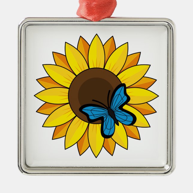 Sonnenblumen und Blauer Schmetterling Ornament Aus Metall (Vorne)