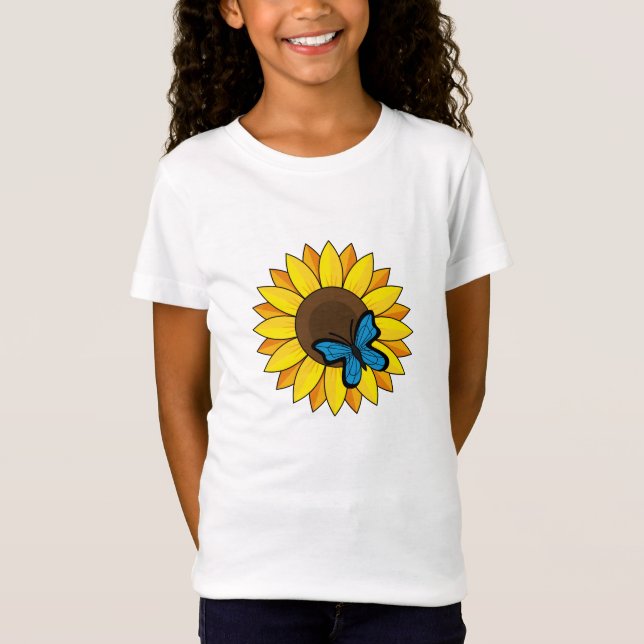 Sonnenblumen und Blauer Schmetterling T-Shirt (Vorderseite)