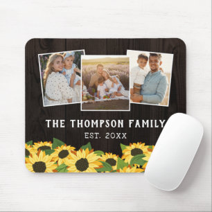 Sonnenblumen und Braunholz-Familienfoto Collage Mousepad