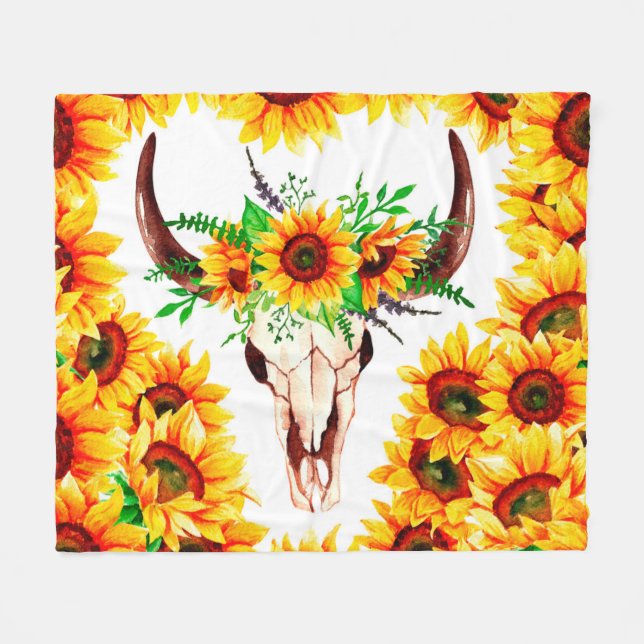 Sonnenblumen und Bullenschädel Fleecedecke (Vorderseite (Horizontal))