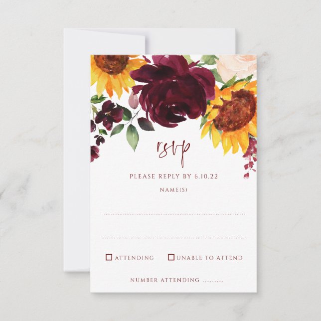 Sonnenblumen und Burgunder Rote Rosen Hochzeit im  RSVP Karte (Vorderseite)