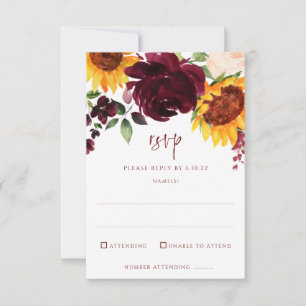 Sonnenblumen und Burgunder Rote Rosen Hochzeit im RSVP Karte