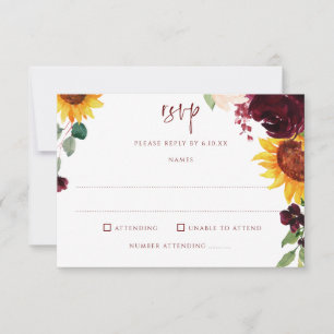 Sonnenblumen und Burgunder Rote Rosen Hochzeit im RSVP Karte