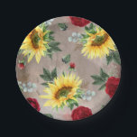 Sonnenblumen und Burgunder Rote Rosen Rustikaler F Pappteller<br><div class="desc">Sonnenblumen,  bordeauxfarbene rote Rosen,  grüne rustikale Hochzeit im Herbst Teller</div>