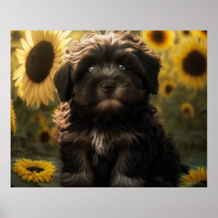 Sonnenblumen und Chocolate Havanese Puppy von Hava Poster