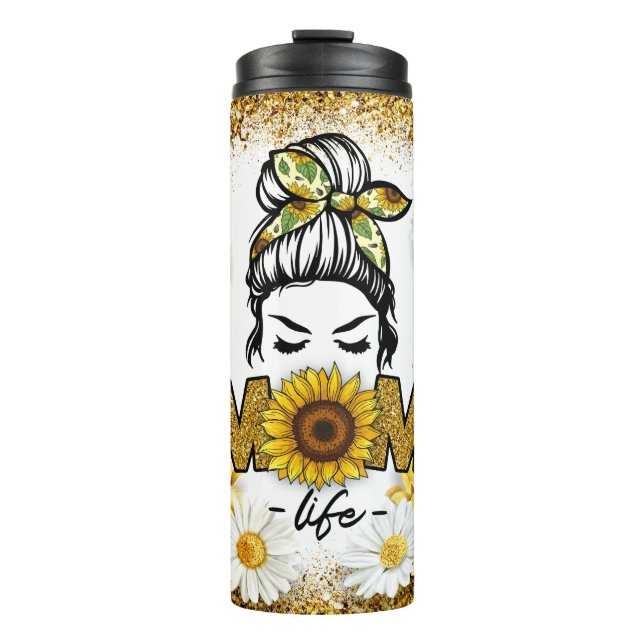 Sonnenblumen und Daisy-Blume mit Mama Life Thema Thermosbecher (Vorderseite)