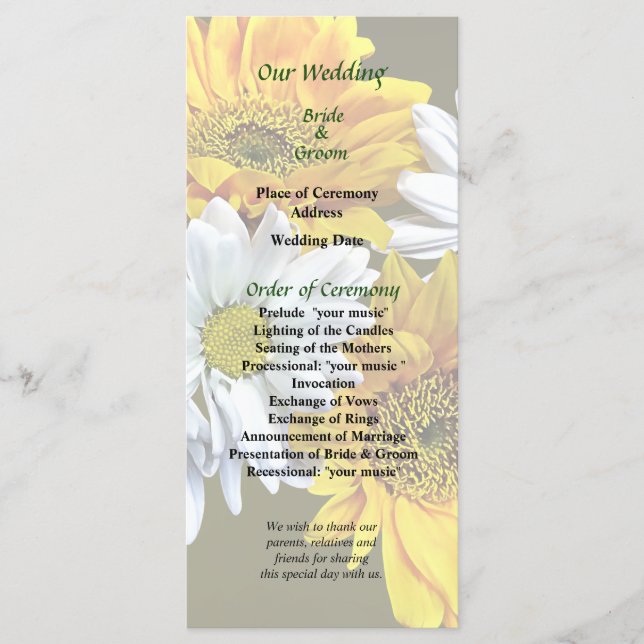 Sonnenblumen und das Hochzeitsprogramm von Daisies Programm (Vorderseite)