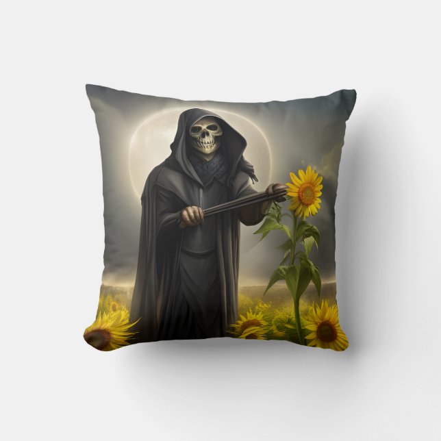 Sonnenblumen und der grimmige Sensenmann Kissen (Vorderseite)