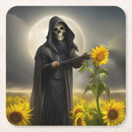 Sonnenblumen und der grimmige Sensenmann Rechteckiger Pappuntersetzer