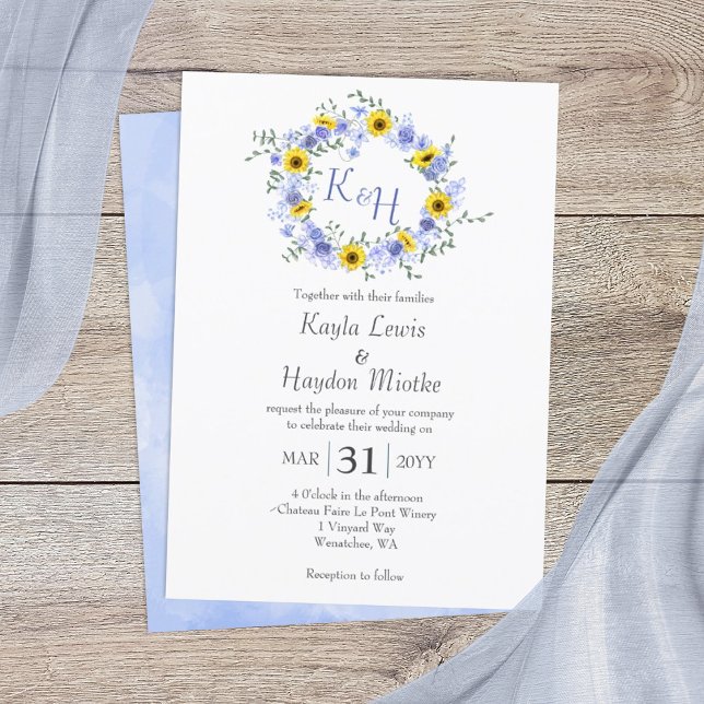 Sonnenblumen und duftende blaue Rose Hochzeitskran Einladung (dusty blue roses and yellow sunflowers wedding invitations, round floral wreath)