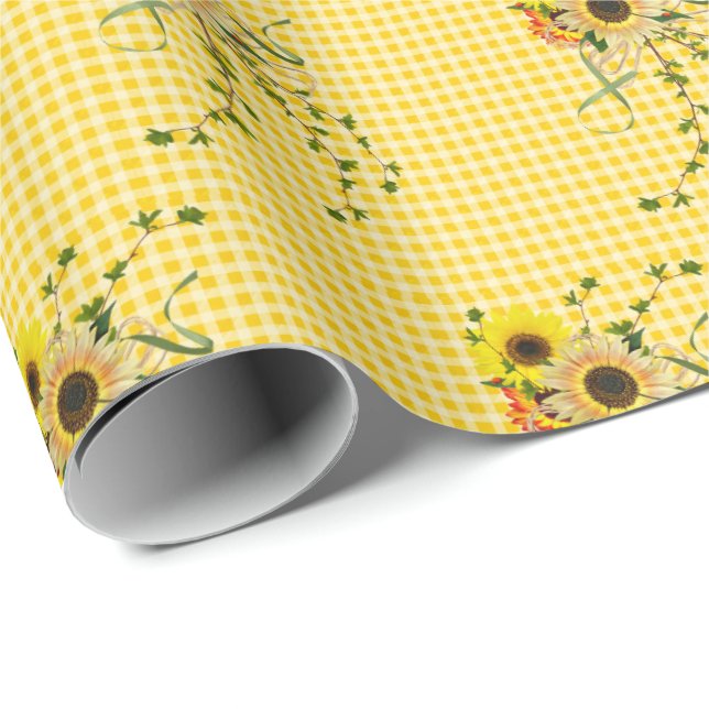 Sonnenblumen und Efeu-Bouquet auf Gingham Geschenkpapier (Rolleneckpunkt)