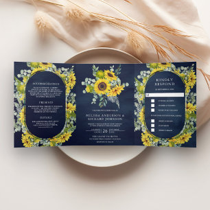 Sonnenblumen und Eukalyptus 3 in 1 Navyblaue Hochz Dreifach Gefaltete Einladung