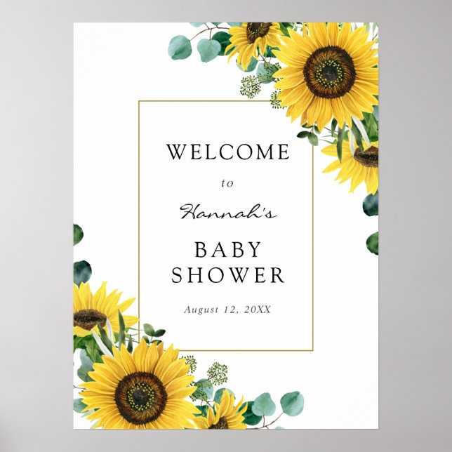 Sonnenblumen und Eukalyptus Baby Dusche Begrüßungs Poster (Vorne)