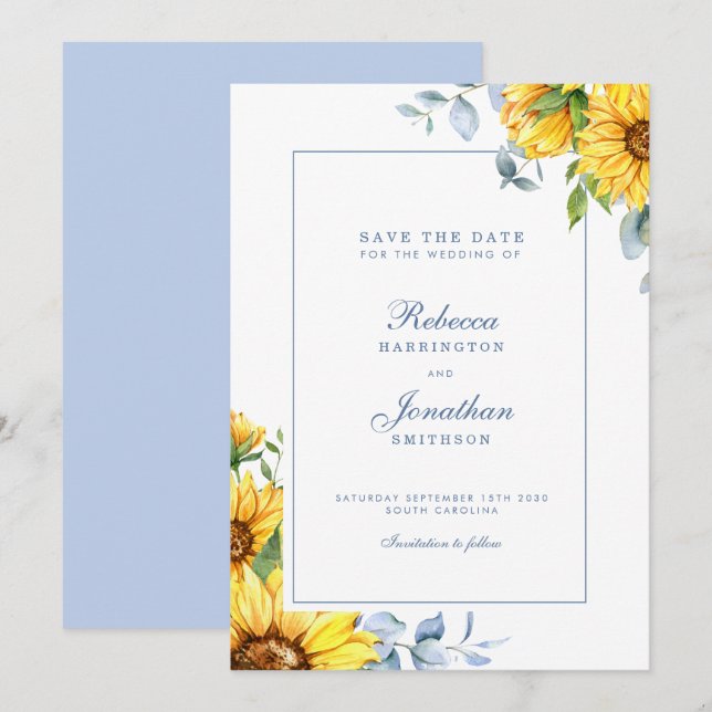 Sonnenblumen und Eukalyptus Blue Wedding speichern Save The Date (Vorne/Hinten)