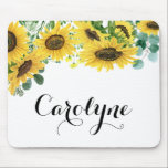 Sonnenblumen und Eukalyptus-Script Personalisiert Mousepad<br><div class="desc">Country Blumenmousepad. Es verfügt über eine blühende Aquarellgarage mit Sonnenblumen und Eukalyptus-Blätter. Personalisieren Sie das Programm durch Hinzufügen eines Namens oder einer kurzen Wortgruppe. Dieses Sonnenblumenmousepad ist ein personalisiertes Geschenk.</div>