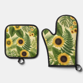 Sonnenblumen und Farne Wasserfarbe Ofenhandschuh & Topflappen-Set