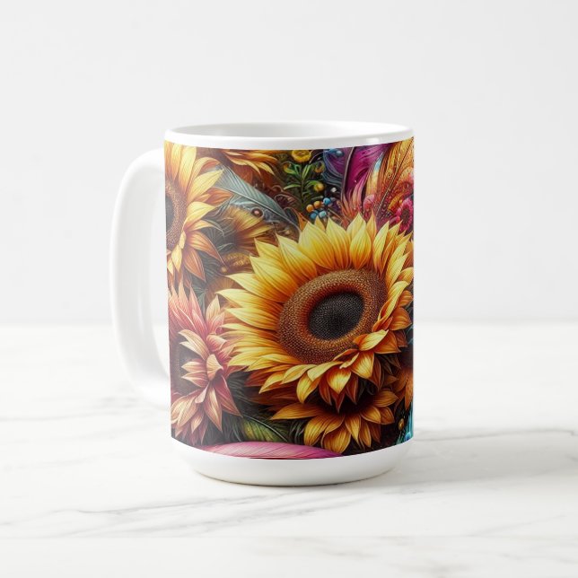 Sonnenblumen und Federn Kaffeetasse (Vorderseite Links)