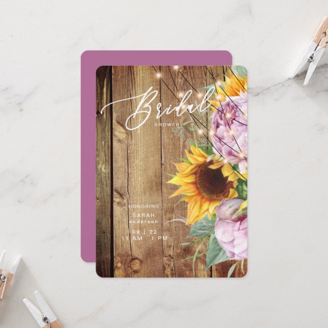 Sonnenblumen und Fuchsia Rustikales Brautparty Einladung (Vorderseite/Rückseite Beispiel)