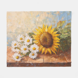 Sonnenblumen und Gänseblümchen auf rustikalem Tisc Fleecedecke