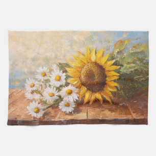 Sonnenblumen und Gänseblümchen auf rustikalem Tisc Geschirrtuch
