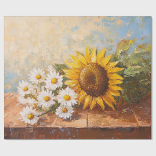 Sonnenblumen und Gänseblümchen auf rustikaler Tisc Geschenkpapier