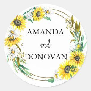 Sonnenblumen- und Gänseblümchen-Kranz-Hochzeitssie Runder Aufkleber