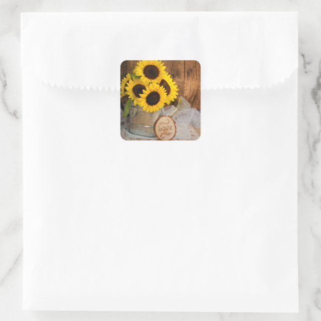 Sonnenblumen und Gartenwasser kann Hochzeit sperre Quadratischer Aufkleber (Tasche)