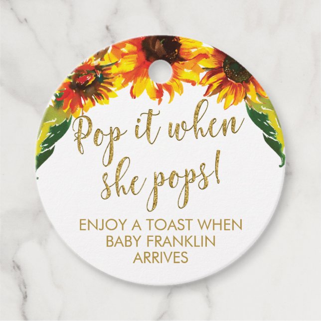 Sonnenblumen und Gold Glitzer Baby Dusche Pop It Geschenkanhänger (Vorderseite)