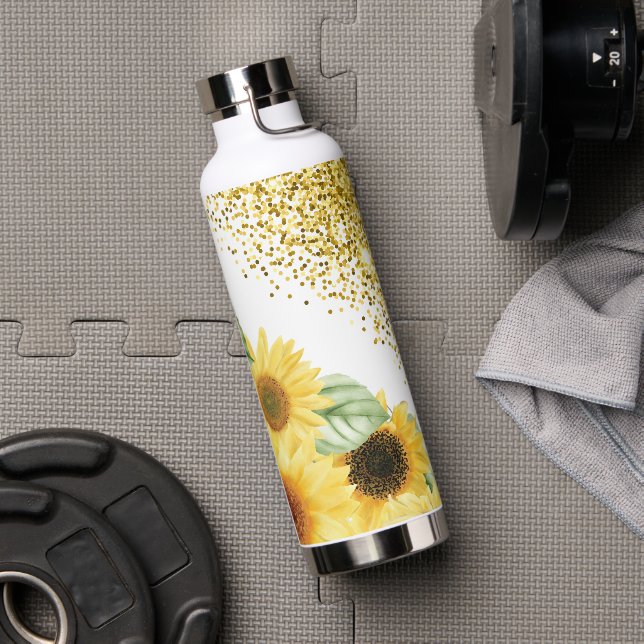 Sonnenblumen und Gold-Glitzer Trinkflasche (Fitnessstudio)