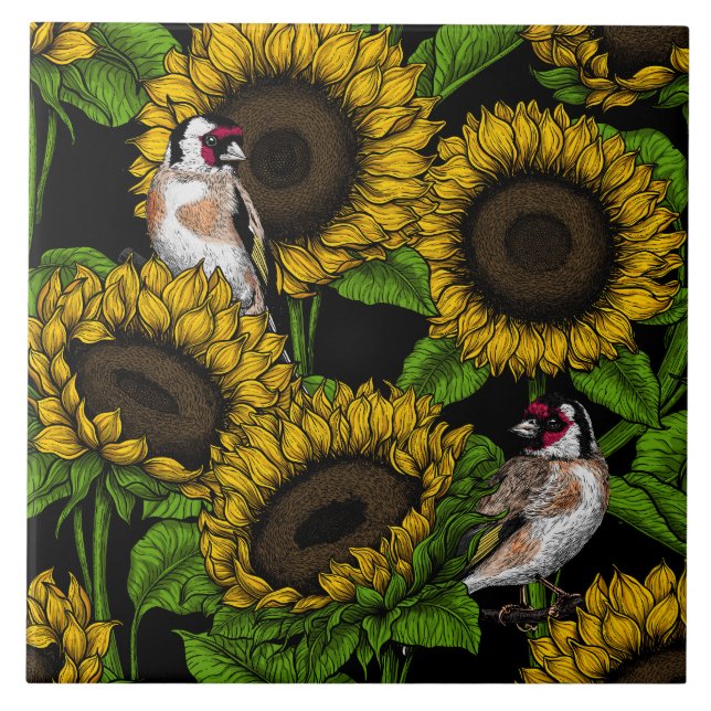 Sonnenblumen und Goldflossen auf schwarz Fliese (Vorderseite)