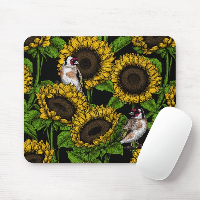Sonnenblumen und Goldflossen auf schwarz Mousepad (Mit Mouse)