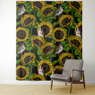 Sonnenblumen und Goldflossen auf schwarz Wandteppich