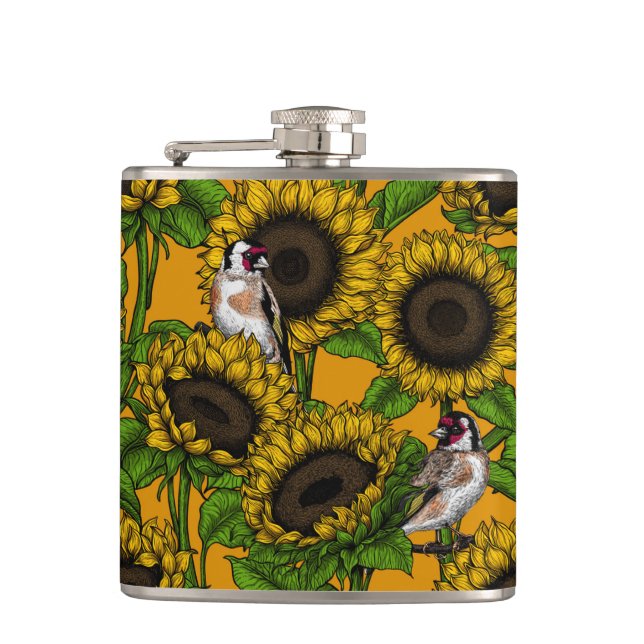 Sonnenblumen und Goldschmuck auf Orange Flachmann (Vorderseite)