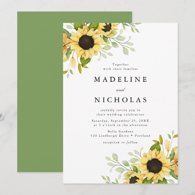 Sonnenblumen und Grüne Hochzeit Einladung (Vorne/Hinten)