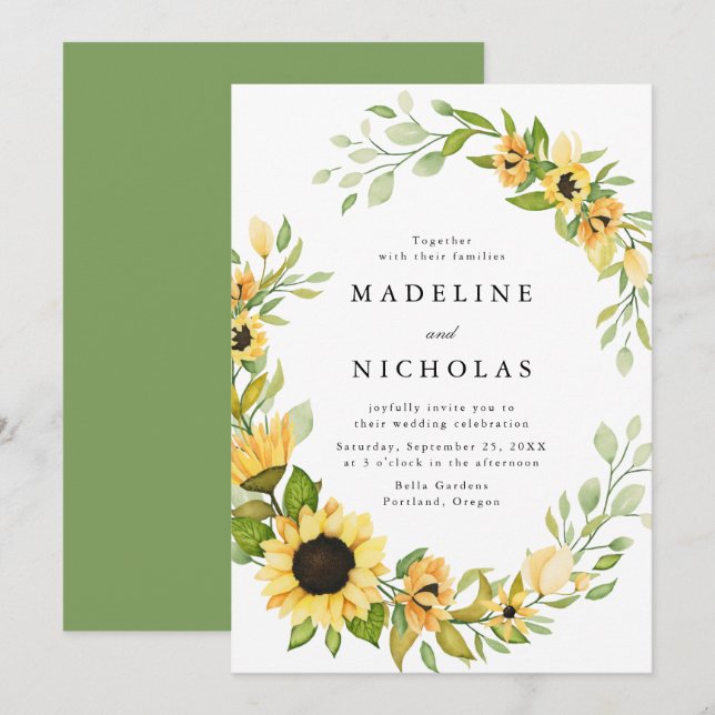 Sonnenblumen und Grüne Hochzeit Einladung (Vorne/Hinten)