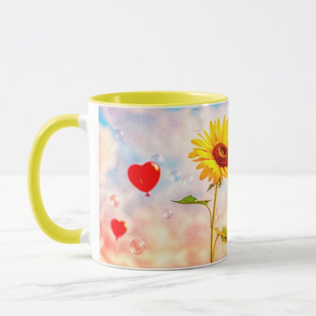 Sonnenblumen und Herzblasen Romantisches Geschenkd Tasse (Links)