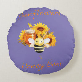 "Sonnenblumen und Honigbienen" Rundes Kissen