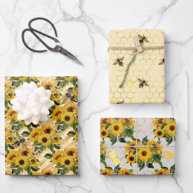 Sonnenblumen und Honigbienen-Umschlagpapier Geschenkpapier Set (Vorderseite)