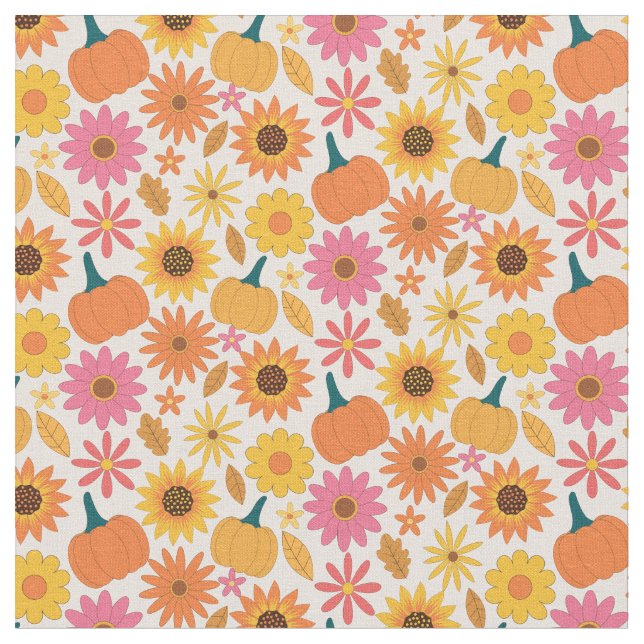 Sonnenblumen und Kürbis Herbstmuster Stoff (Nahaufnahme)