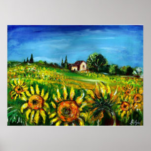 SONNENBLUMEN UND LANDSCHAFT IN DER Toskana, koloss Poster